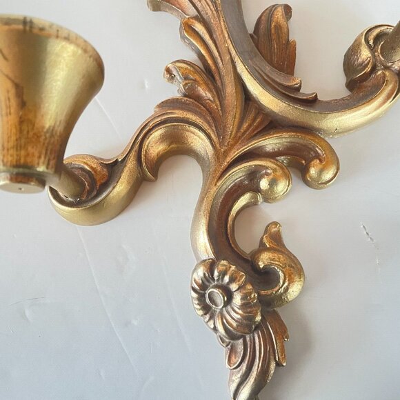 Vintage Mid Century Durwood Gold Wall Sconce Double Arm Candle Holder 15.5” - Picture 3 of 7